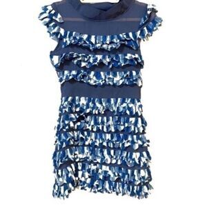 L.K. Collection Blue Ruffle feather Short Sleeve Semi-Sheer Mini Dress small